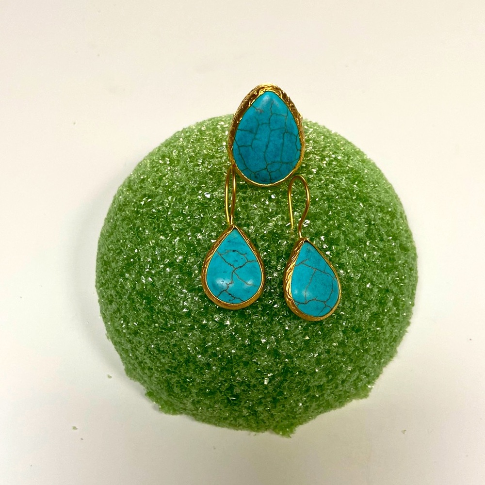 NWT Turquoise matching earrings and ring on gold tone metal.